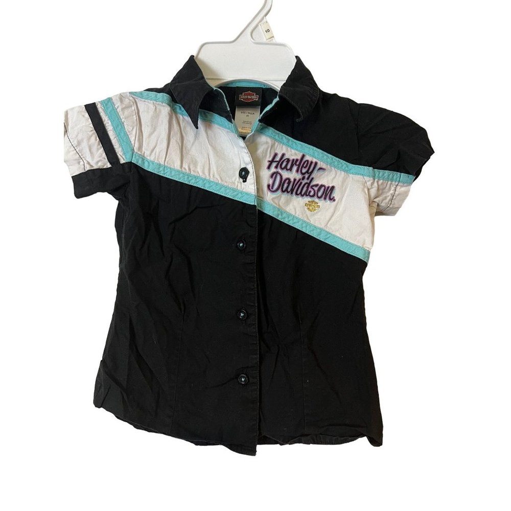 Harley Davidson Shirt Button Up Logo Short Sleeve Black Multicolor Youth Kids
